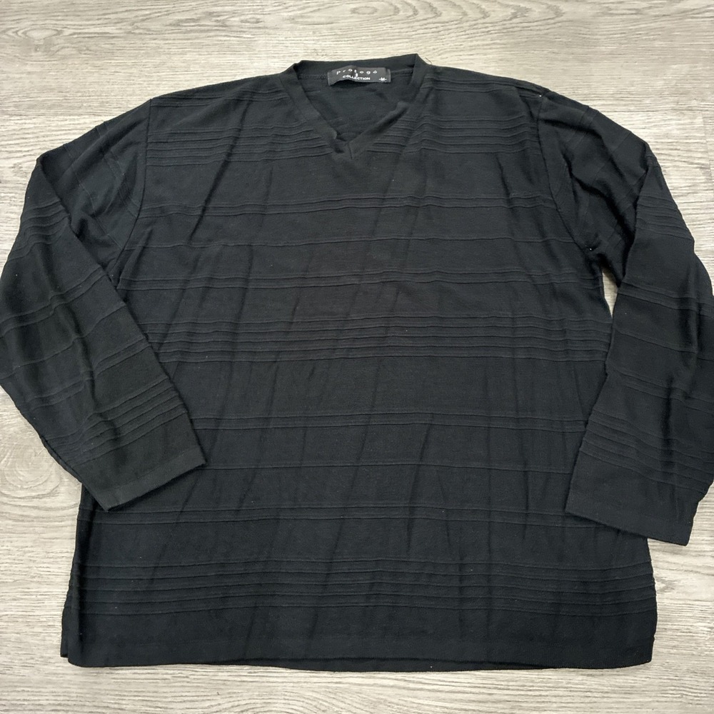 Black Protege Collection Texture Striped Long Sleeve Vneck Sweater Shirt | Sz M